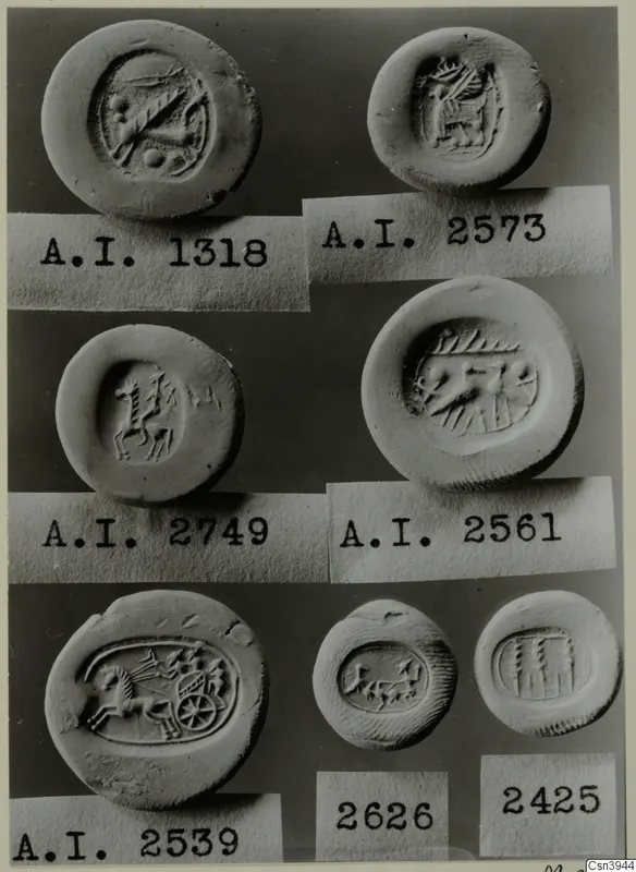 Seven engraved seals or seal impressions, each with a numbered label, including a horse drawing a chariot.