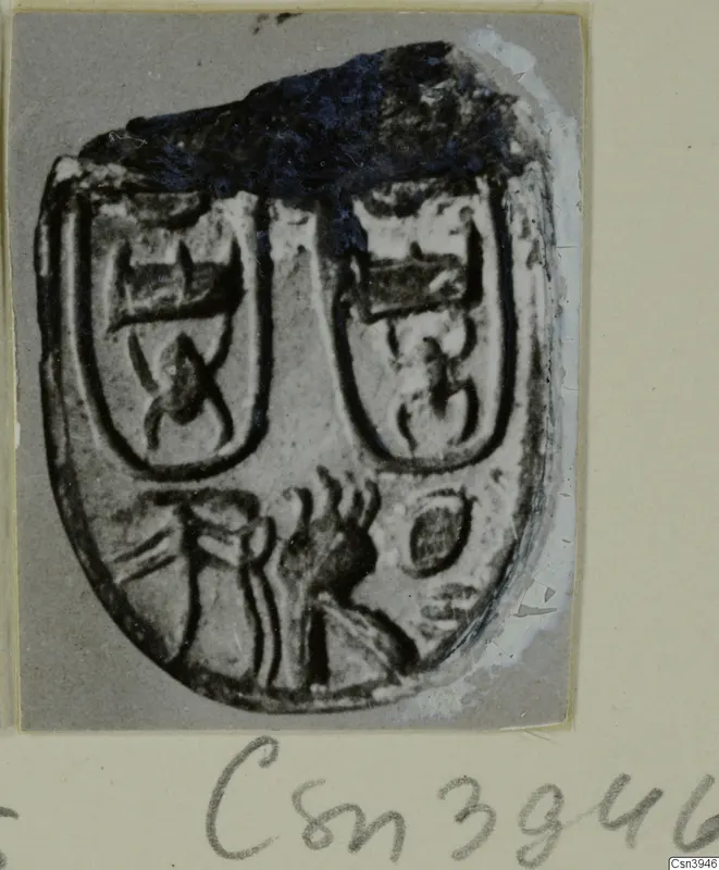 Oval seal with engraved design, photographed face-on on a grey card mount