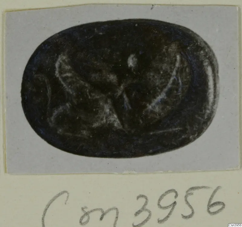 Oval engraved gem in dark stone, with pale engraved lines, shown on a grey card
