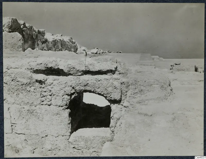 Excavated stone walls and blocks at Vouni palace, with a rectangular opening in a wall and open ground beyond