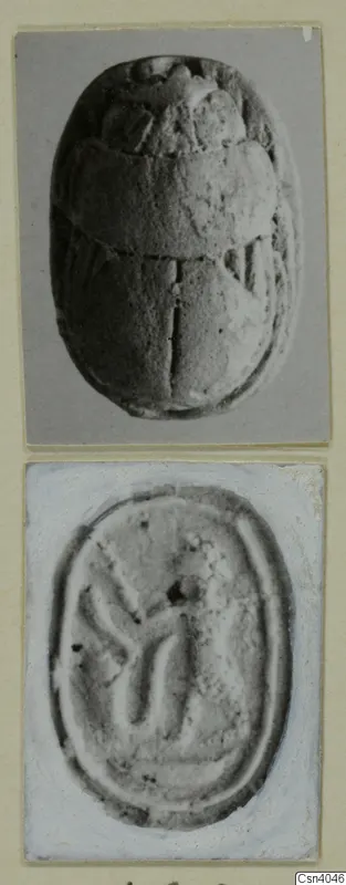 Beetle-shaped seal from Amathus, shown in two photographs: the back and the carved base