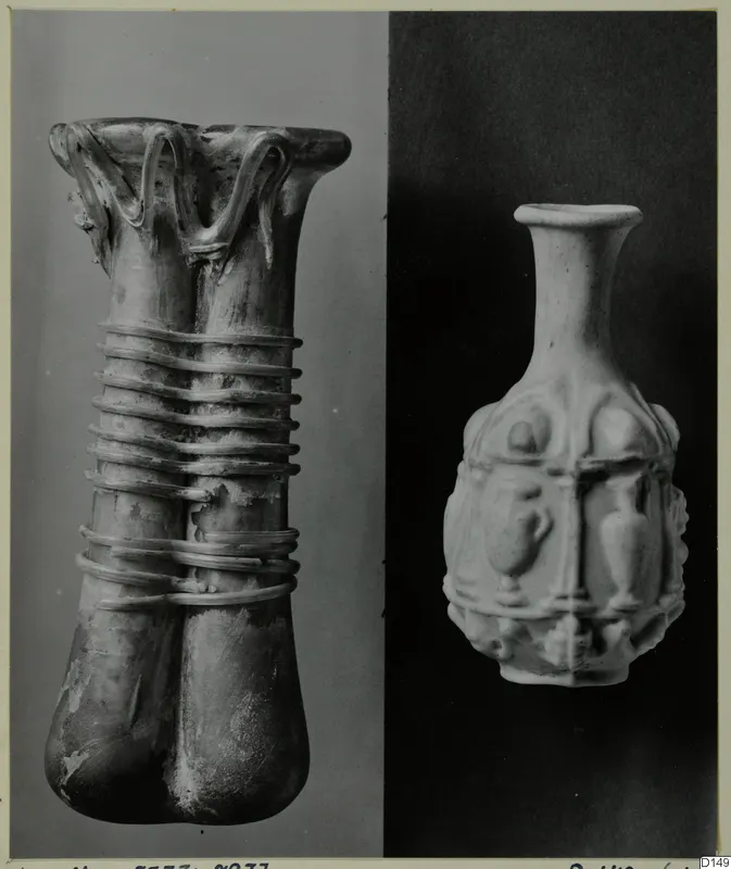 Two blown glass vases photographed side by side: a double-tube vase with coiled trails and a small vase with applied relief decoration.
