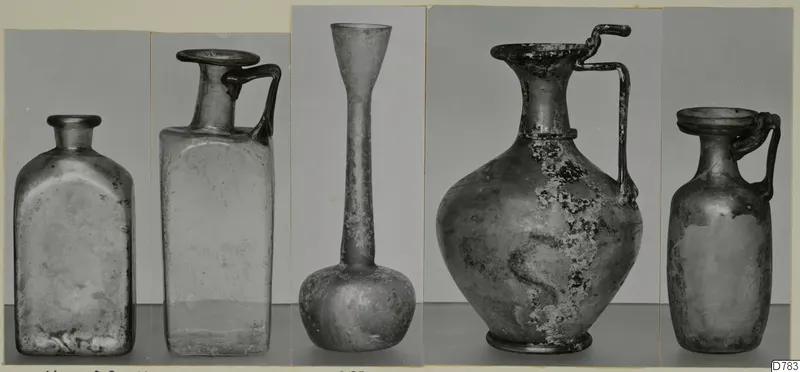 Five blown glass vessels, including jugs with strap handles, shown in separate photographs side by side.