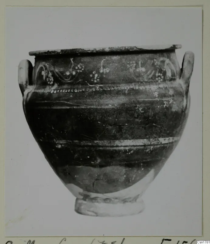 Wide two-handled vessel with pale painted garland decoration, photographed on a card mount