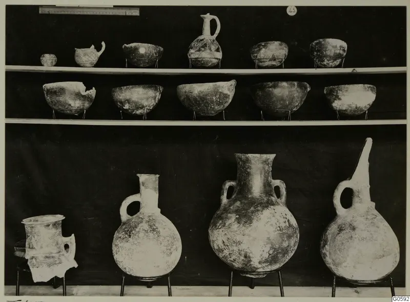 Jugs and bowls from Lapithos Markides, T.45, shown on two shelves and on wire stands against a dark backdrop.