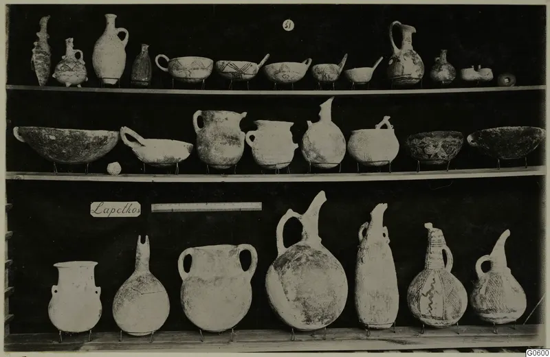 Pottery jugs and bowls from Lapithos Markides, T.51, set out on three shelves