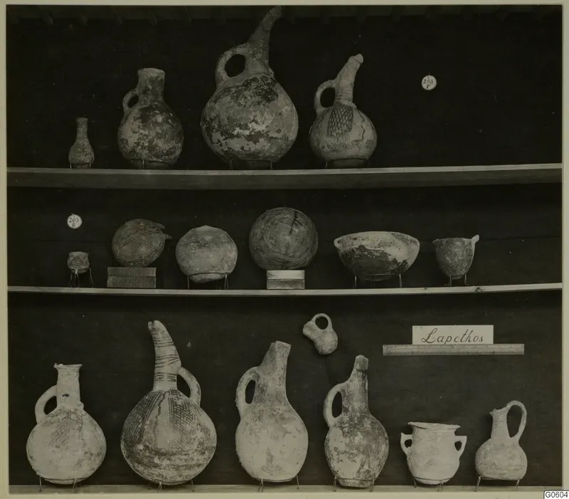 Pottery jugs, jars and bowls from Lapithos Markides, T.203, arranged on three shelves