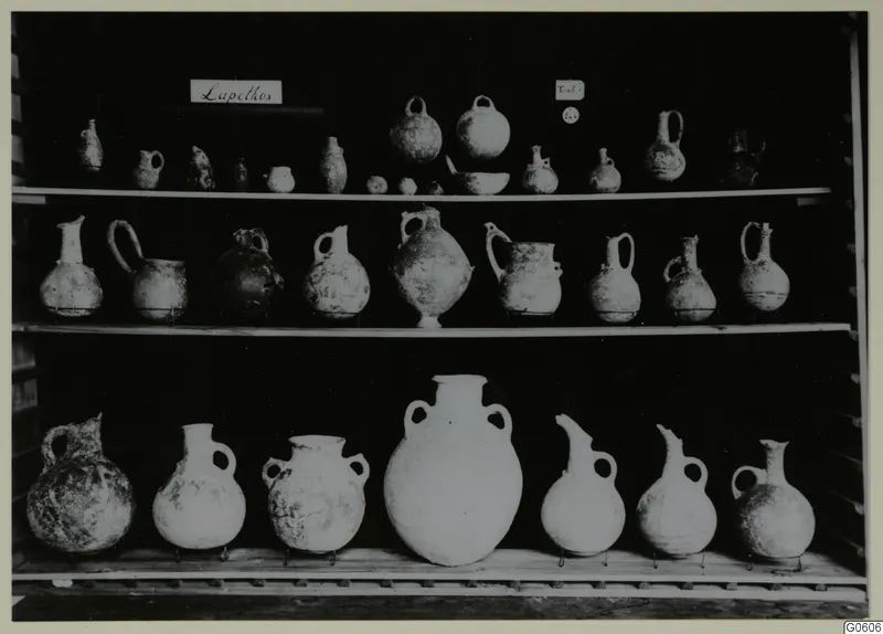 Jugs and bowls from Lapithos Markides, T.14 E, arranged on three shelves against a dark background