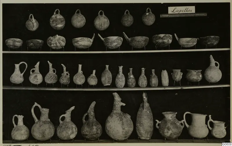 Jars, juglets and bowls from Lapithos Markides T.49, arranged in rows on shelves against a dark background