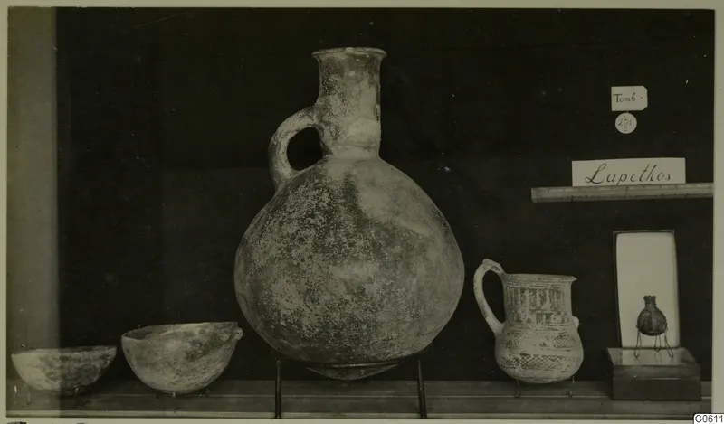 Jugs and bowls from Lapithos Markides, T.201B, set out on a display shelf