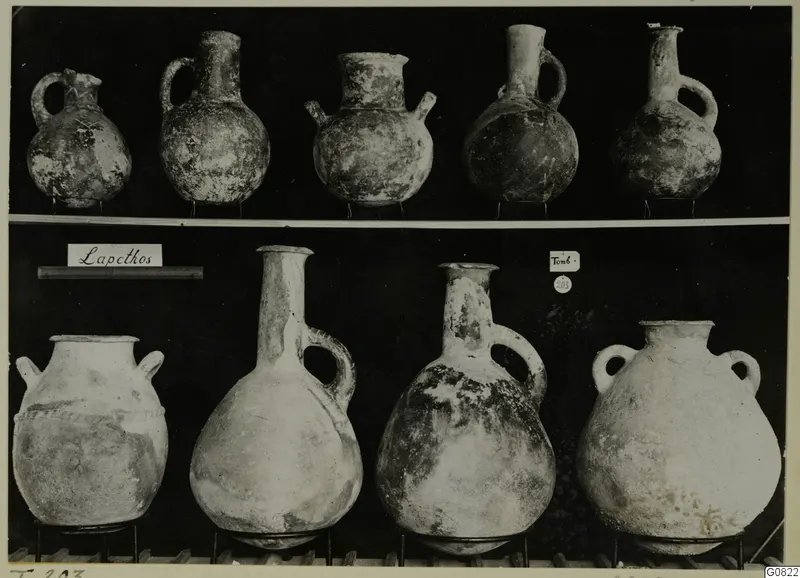 Pottery jugs and jars from Lapithos Markides, T.203, in two rows on wire stands.