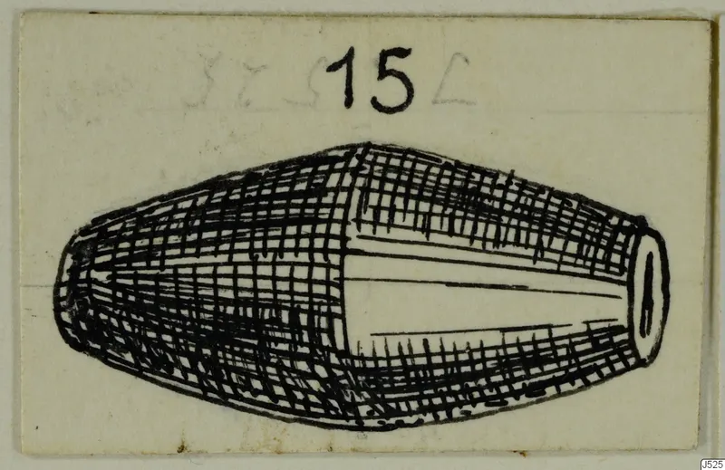 Ink drawing of an elongated, barrel-shaped object with a narrow opening at one end, on a small card