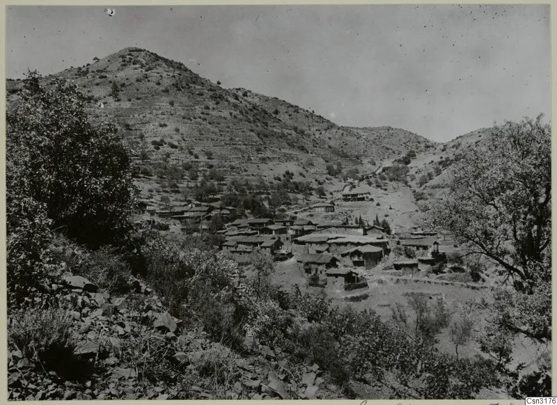 View of the village of Lazania on a hillside, with flat-roofed houses clustered on the slope and trees in the foreground.
