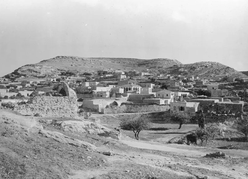 Village of Galinoporni on a hillside in the Karpas peninsula, with stone houses, a rocky hill and trees.