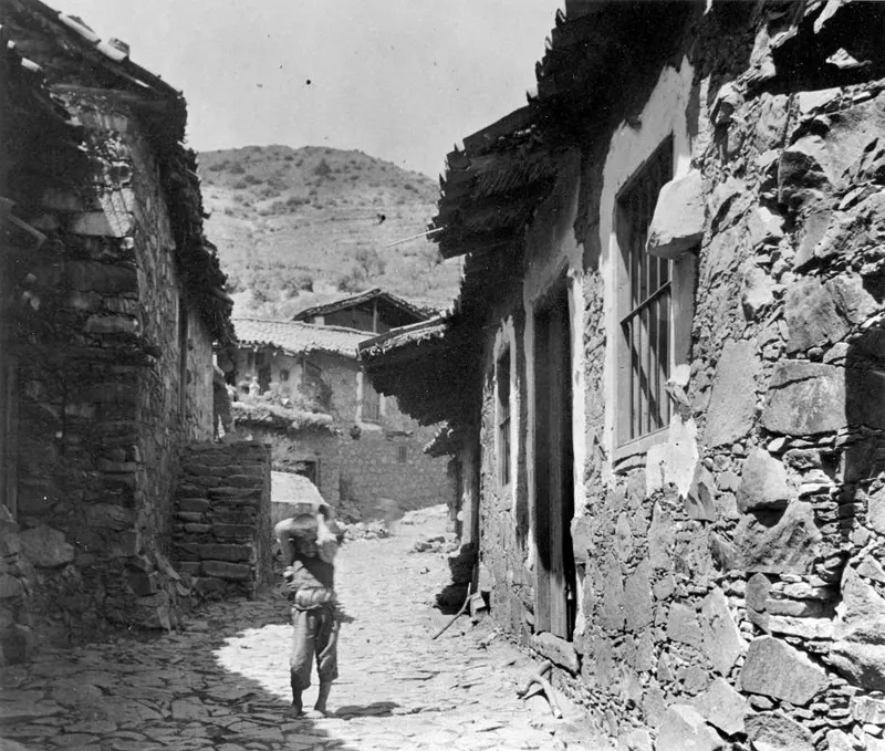 Cobbled village street in Lazania lined with stone houses, with one figure carrying a load walking away down the lane.