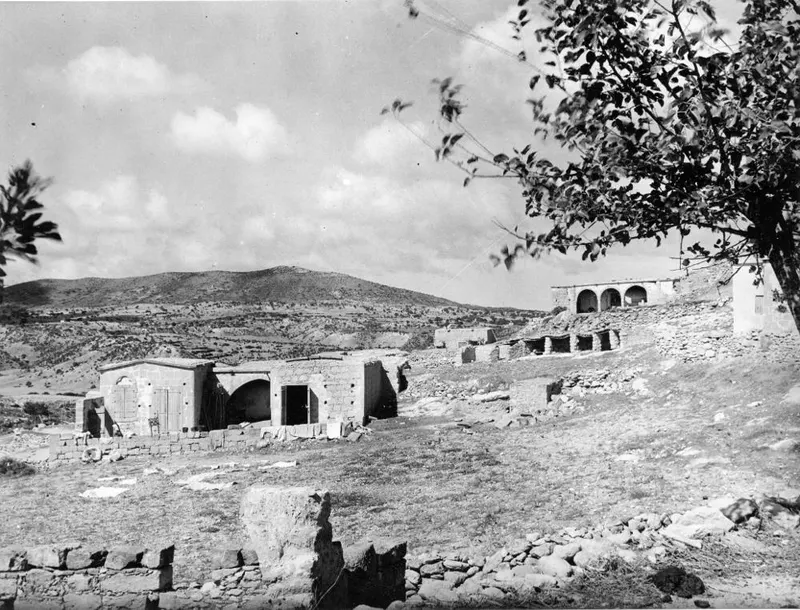 Stone houses with arched openings below a bare hillside, with a tree overhanging the frame