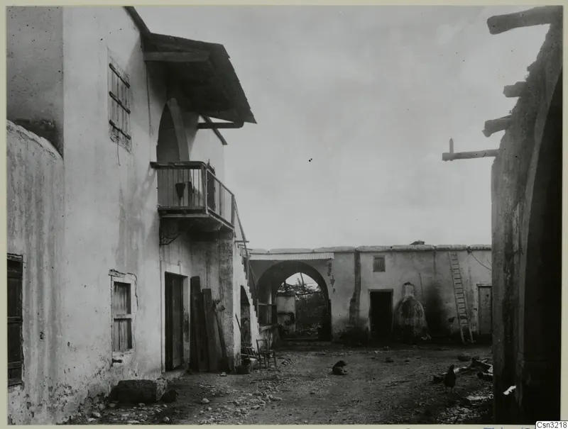Courtyard of whitewashed houses with a balcony, an external stair, a leaning ladder and a dome-shaped oven against a wall.