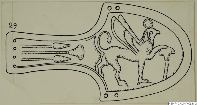 Field drawing of bronze horse-trappings with a winged animal figure and pointed projections