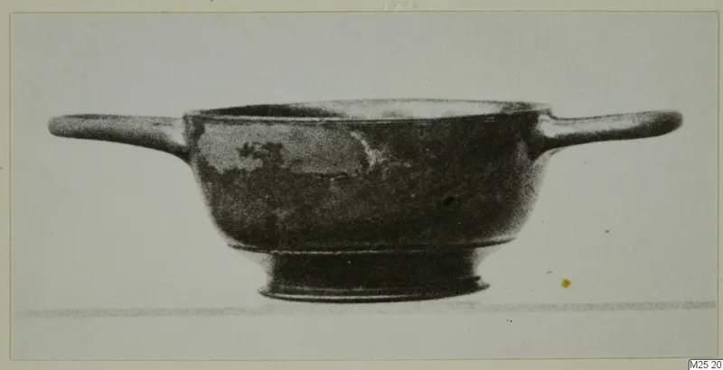 Two-handled black-glazed bowl with a low ring foot, shown in side view against a pale background