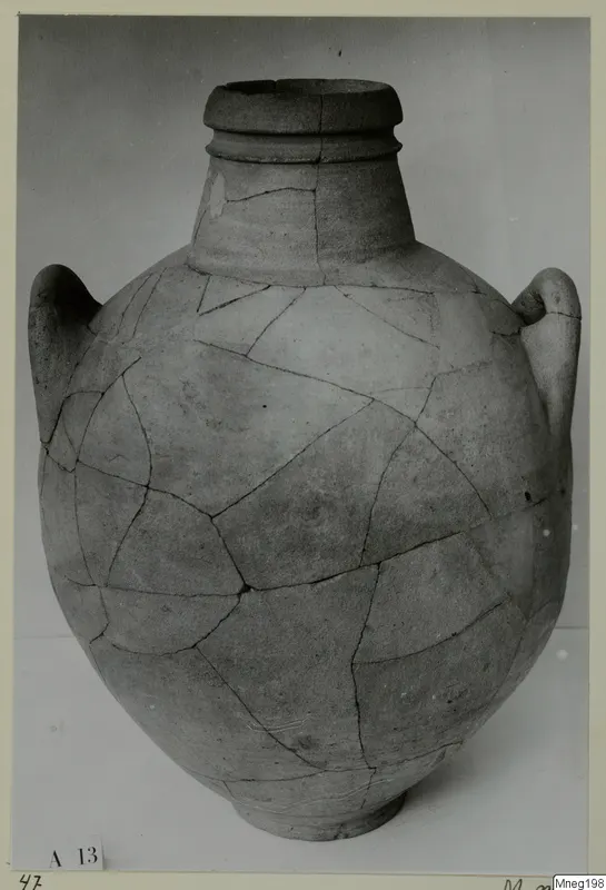 Two-handled jar from Amathus, reassembled from fragments and shown on a plain surface