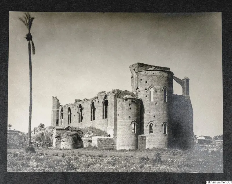 Ruined stone church seen from the side, with a tall palm tree beside it and grass in the foreground