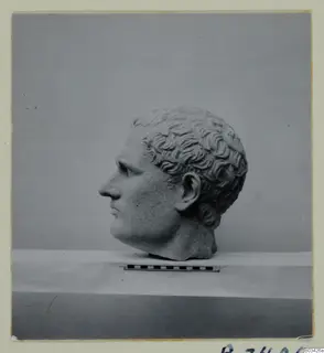 Marble head of a man with curly hair, shown in profile against a grey backdrop.