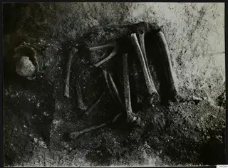 Tomb chamber at Lapithos during excavation, with long bones of a skeleton lying in dark soil