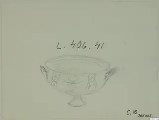 Pencil drawing of a White Painted I bowl (L.406.41) with two handles and painted zigzag decoration