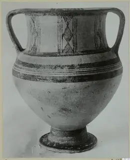 White Painted II two-handled jug with painted bands and a lozenge pattern on the neck, on a footed base.