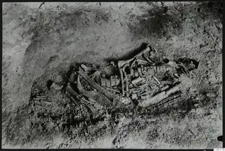 Skeleton lying in excavated soil in Tomb 309 at Lapithos, during excavation
