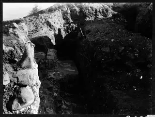 Excavation trench at the Theatre at Soli, with a stone wall along the left side and a small tree at the top