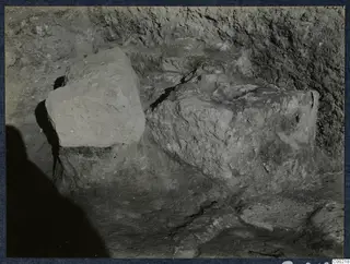 Large stone blocks exposed in an excavation cutting at the theatre at Soli