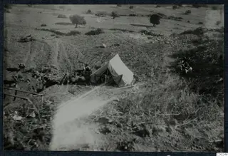 Sloping hillside at Soli with a white tent and people seated near it, with scattered trees