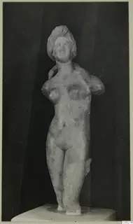 Marble statue of a nude female figure from Soli, without arms, standing on a white plinth