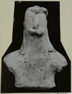 Terracotta figurine of a head and upper body with long side locks, shown from the front