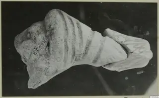 Terracotta fragment of a small figure with ridged body and a broken, snout-like end, on a dark background