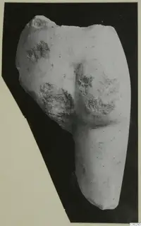 Marble sculpture fragment seen from behind, showing rounded buttocks and the upper parts of the legs