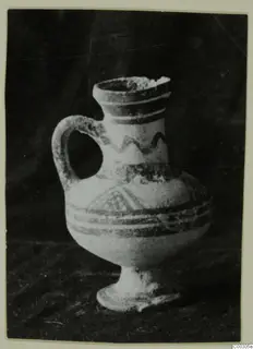 White Painted II jug from Lapithos, Kastros tombs, with painted bands, a zigzag and a checkered triangle