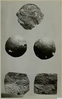 Gold ornaments from Lapithos, Kastros tombs: five embossed sheet fragments, two round and three irregular