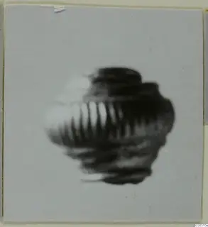 Blurred photograph of a single ribbed, rounded object, possibly a bead or pendant, on a plain grey background