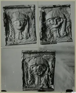 Three views of a thin embossed metal plaque from Lapithos, showing a face framed by a ridged headdress