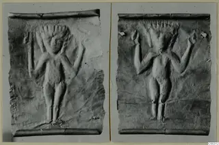 Two photographs of a thin embossed metal plaque showing a standing nude figure with arms raised