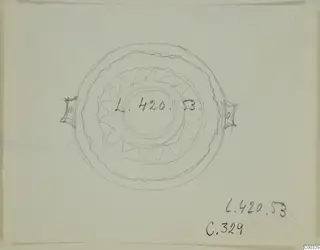 Pencil drawing of a bowl seen from above, with two small handles at the sides and a number label at the centre