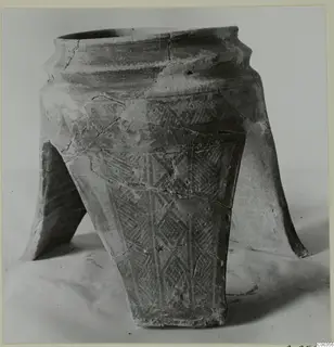 White Painted I amphora, a pottery vessel with three splayed feet and cross-hatched diamond-pattern painted decoration