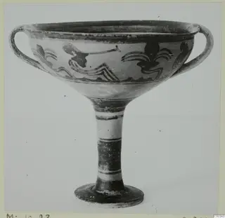 Footed bowl with two handles and dark painted motifs, from Milia