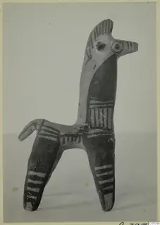 Terracotta horse figurine with painted stripes, shown in side view against a plain grey background