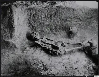 Tomb 422 at Lapithos Kastros: skeleton lying in the tomb chamber during excavation