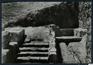 Excavated stone steps and walls at the theatre at Soli, seen from above during excavation.