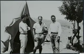 Kristos Giorgiou, Alfred Westholm and Lazaros Nikolaou outside a tent at Vouni