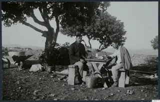 Two men seated at a wooden table under a tree at Vouni, with a wheelbarrow and baskets nearby.